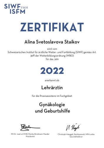 SIWF Zertifikat, Dr.med.(BG) Alina Staikov